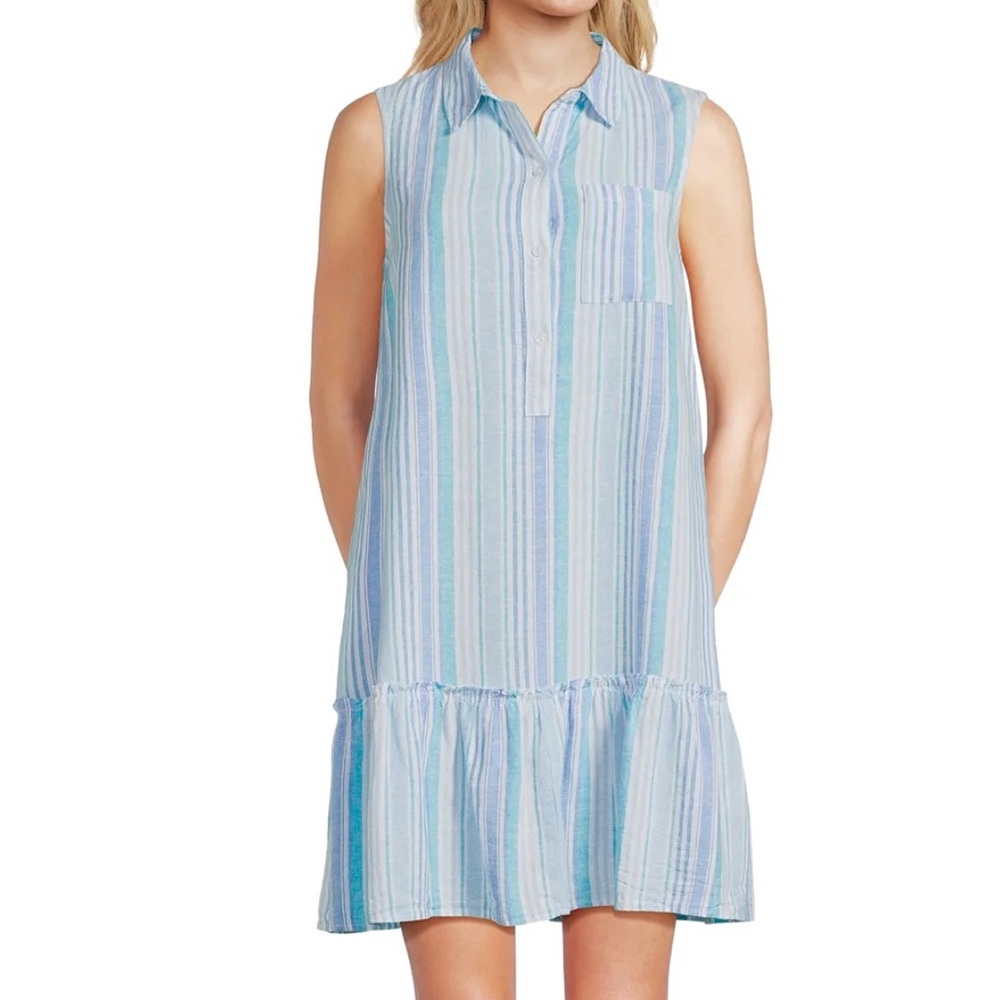 Time and Tru Blue Striped Linen Blend Flowy Dress Ruffle Hem Coastal Pockets L